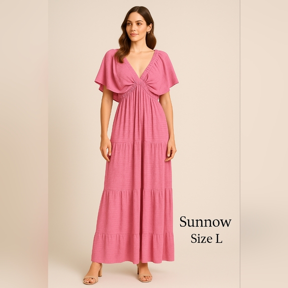 Pink Crinkled Maxi Dress – Size Large - Picture 1 of 14